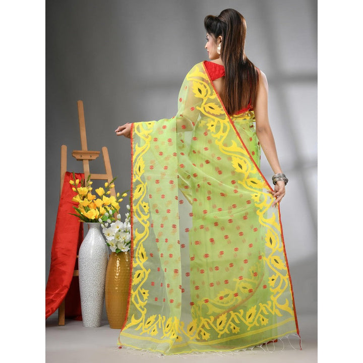 CHARUKRITI Light Green Muslin Soft Jamdani Design Saree with Unstitched Blouse