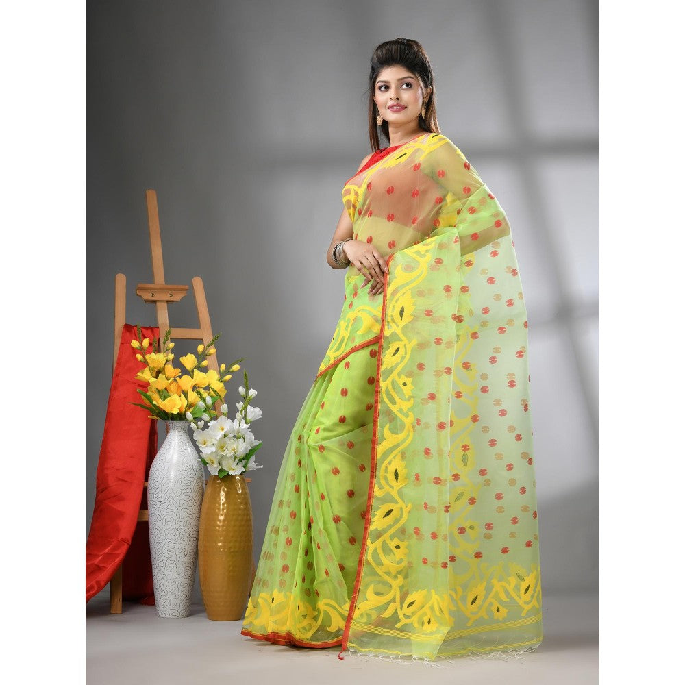 CHARUKRITI Light Green Muslin Soft Jamdani Design Saree with Unstitched Blouse