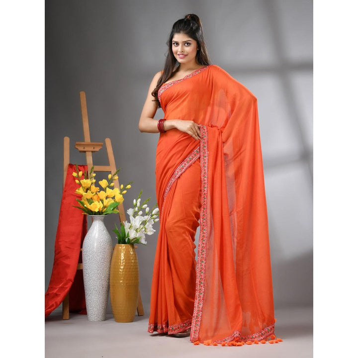 CHARUKRITI Orange Mul Cotton Embroidered Border Saree Without Blouse