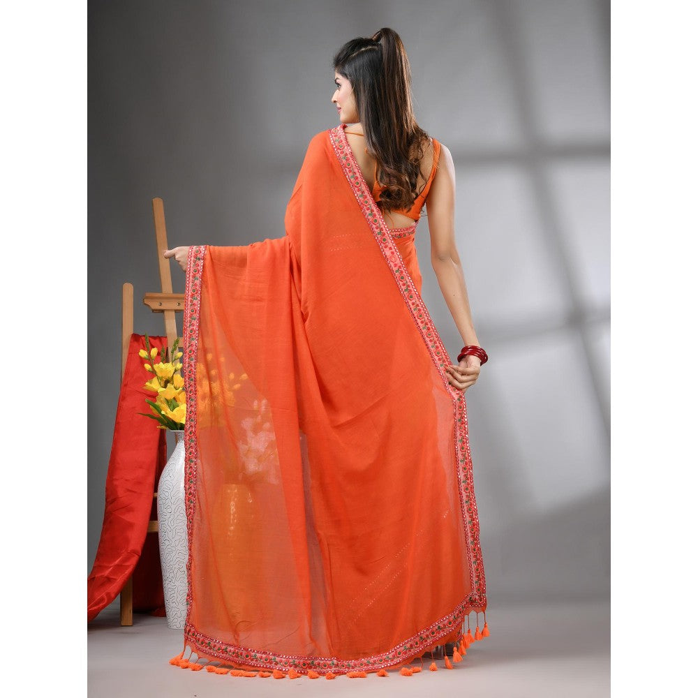 CHARUKRITI Orange Mul Cotton Embroidered Border Saree Without Blouse