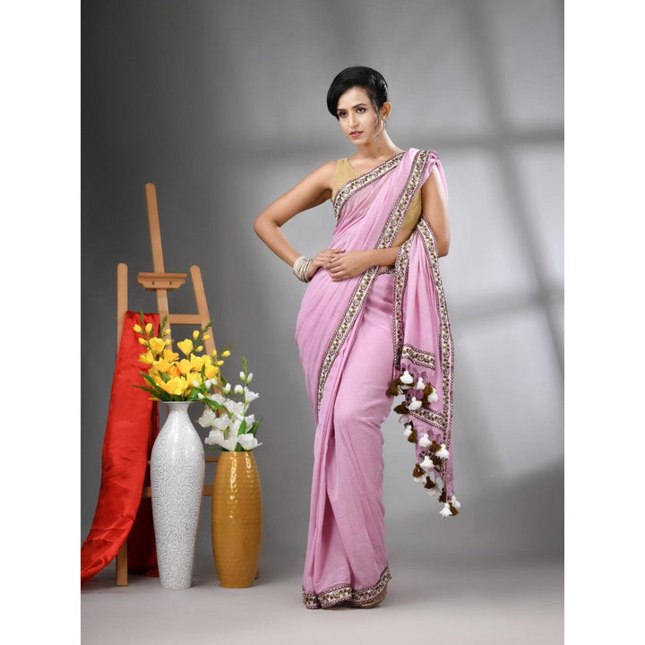 CHARUKRITI Lilac Mul Cotton Embroidered Border Saree Without Blouse