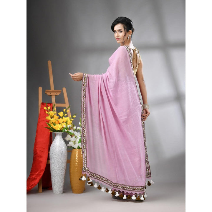 CHARUKRITI Lilac Mul Cotton Embroidered Border Saree Without Blouse