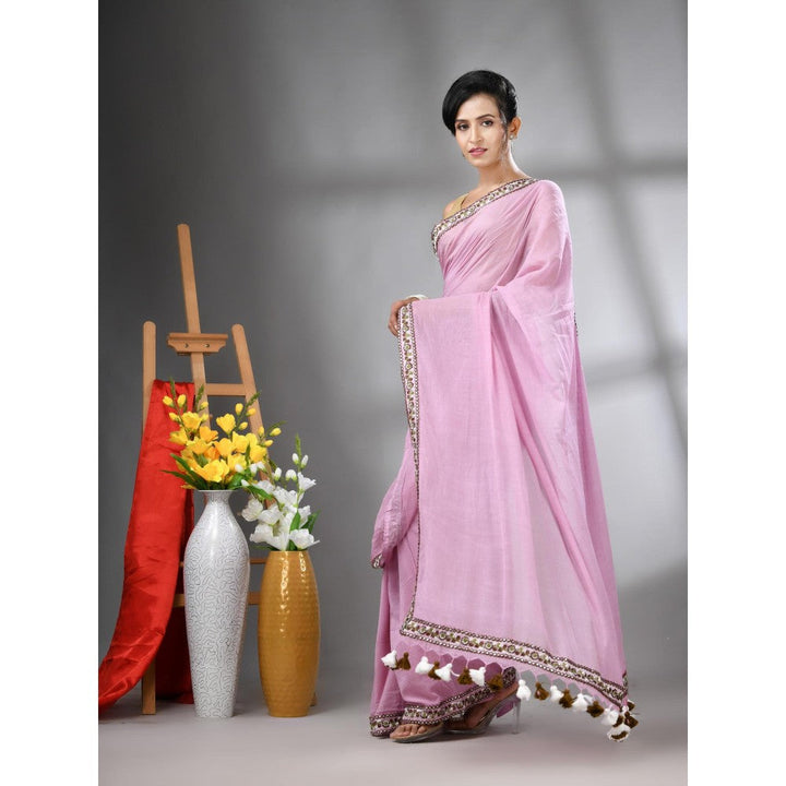 CHARUKRITI Lilac Mul Cotton Embroidered Border Saree Without Blouse