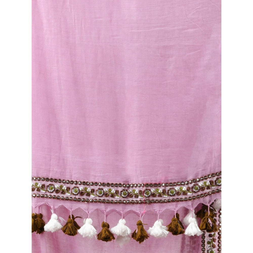 CHARUKRITI Lilac Mul Cotton Embroidered Border Saree Without Blouse