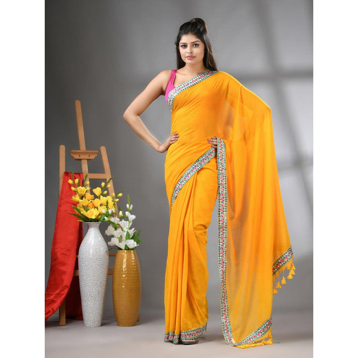 CHARUKRITI Mustard Mul Cotton Embroidered Border Saree Without Blouse