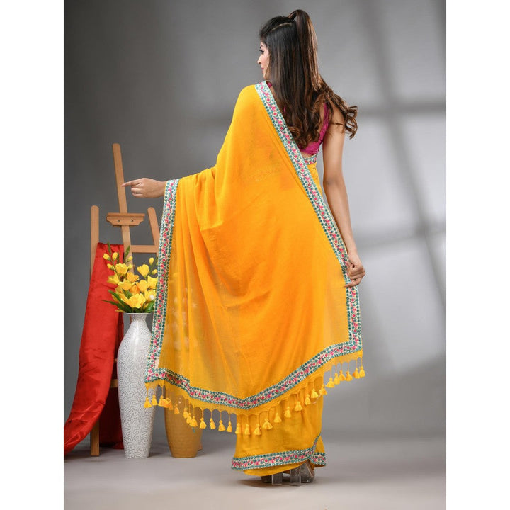 CHARUKRITI Mustard Mul Cotton Embroidered Border Saree Without Blouse