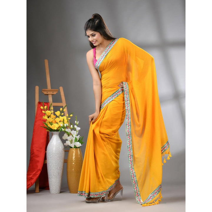 CHARUKRITI Mustard Mul Cotton Embroidered Border Saree Without Blouse