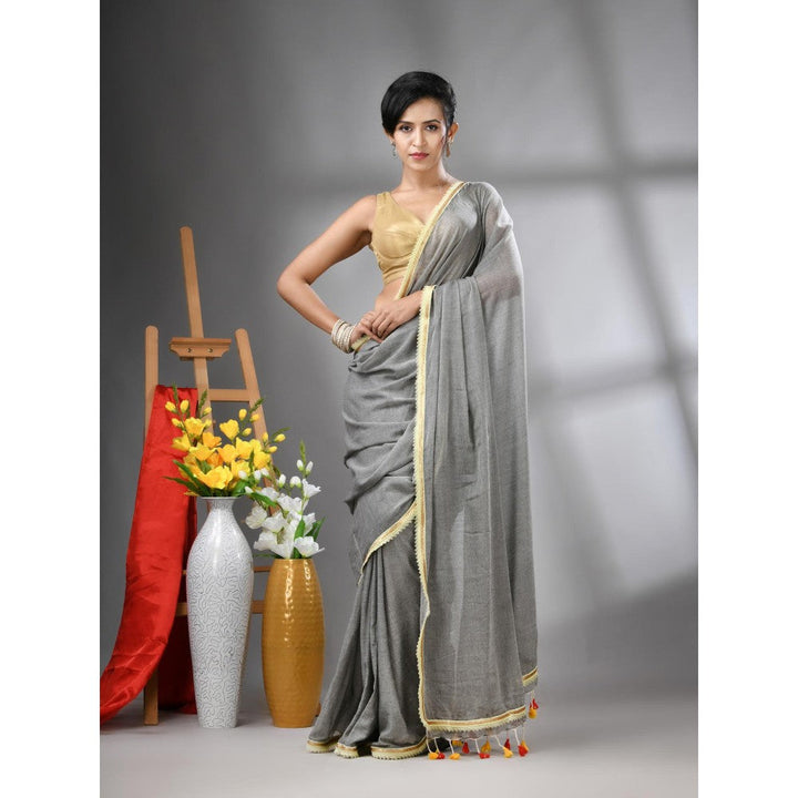 CHARUKRITI Grey Mul Cotton Gota Patti Border Saree Without Blouse