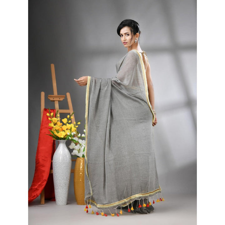 CHARUKRITI Grey Mul Cotton Gota Patti Border Saree Without Blouse