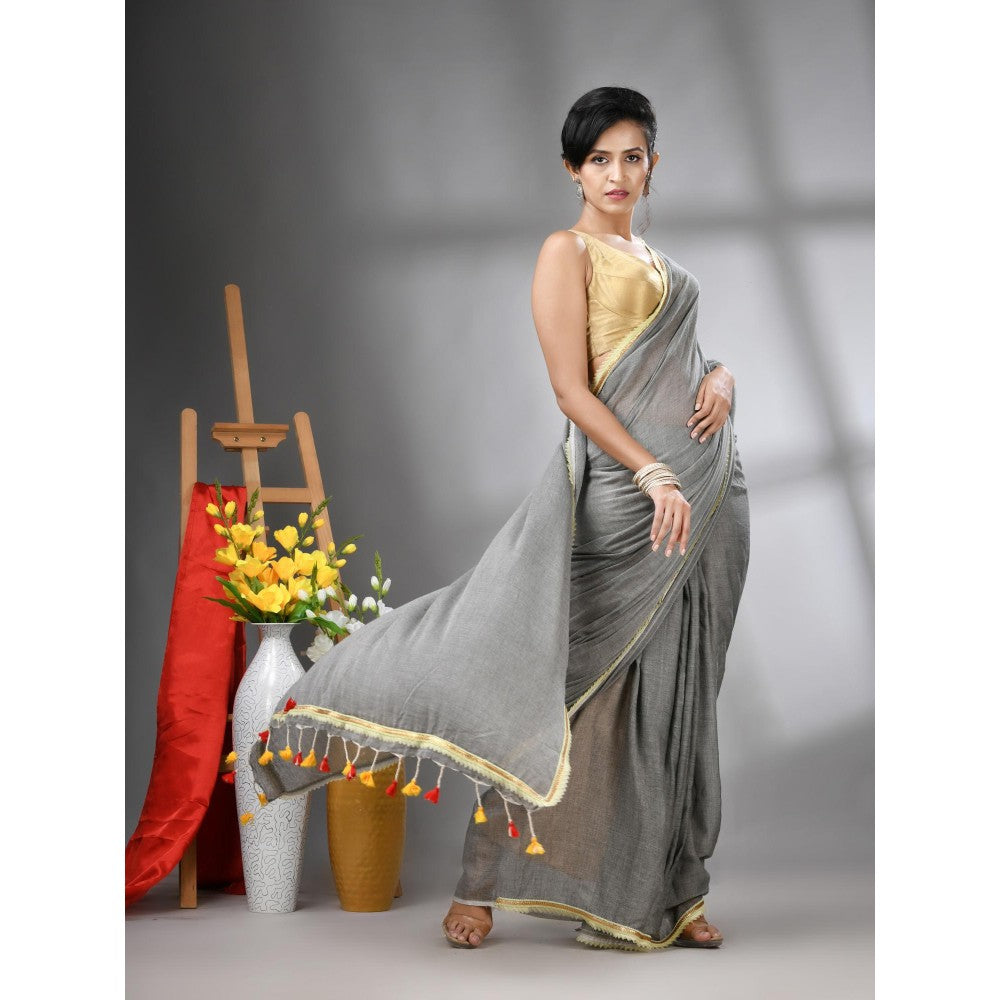 CHARUKRITI Grey Mul Cotton Gota Patti Border Saree Without Blouse