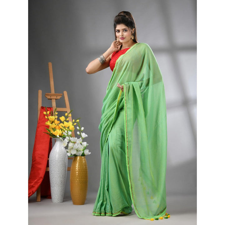 CHARUKRITI Light Green Mul Cotton Gota Patti Border Saree Without Blouse