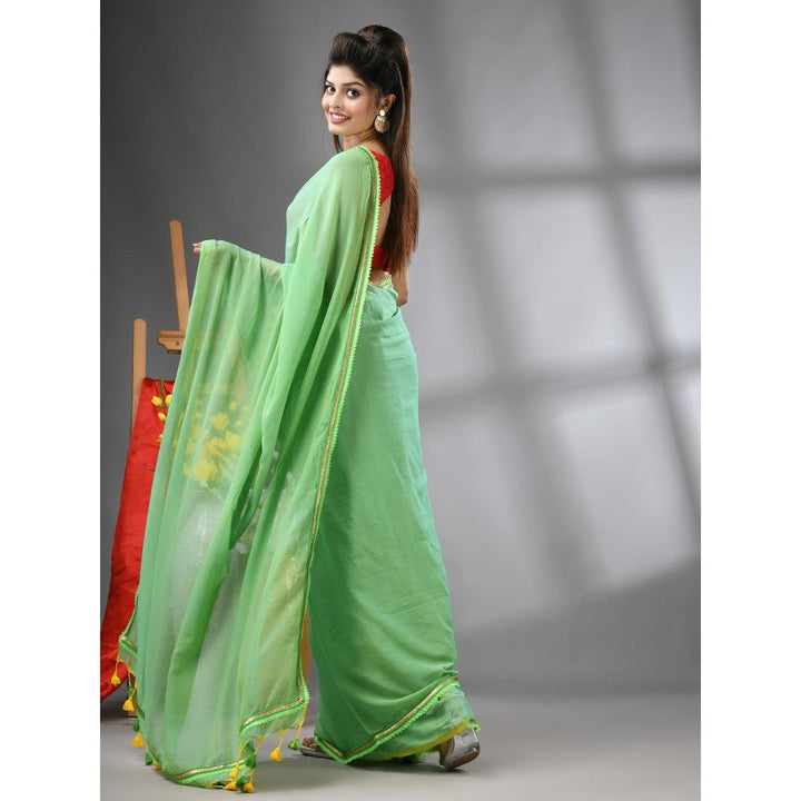 CHARUKRITI Light Green Mul Cotton Gota Patti Border Saree Without Blouse