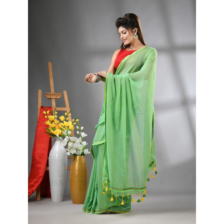 CHARUKRITI Light Green Mul Cotton Gota Patti Border Saree Without Blouse