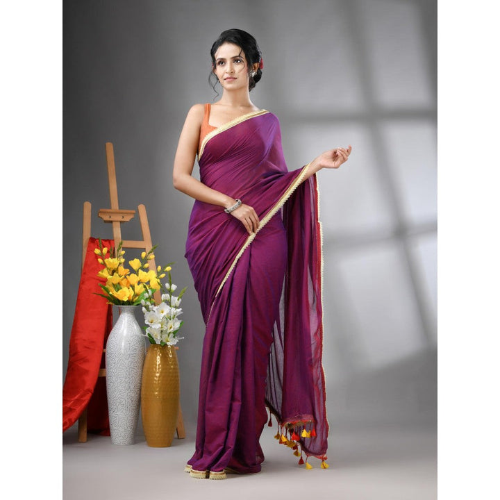 CHARUKRITI Wine Mul Cotton Gota Patti Border Saree Without Blouse