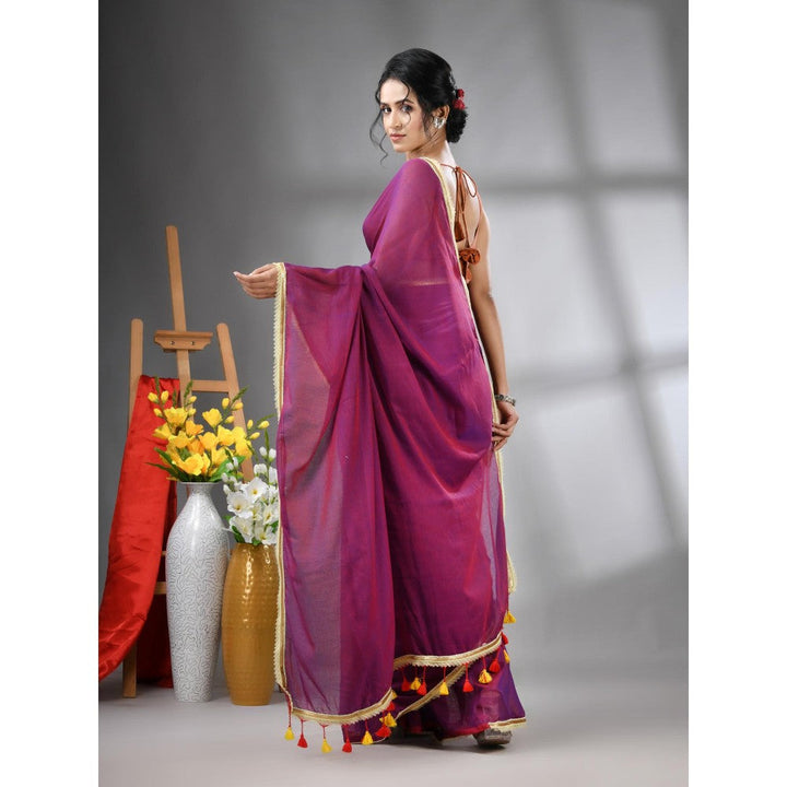 CHARUKRITI Wine Mul Cotton Gota Patti Border Saree Without Blouse