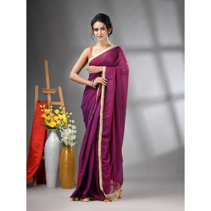 CHARUKRITI Wine Mul Cotton Gota Patti Border Saree Without Blouse