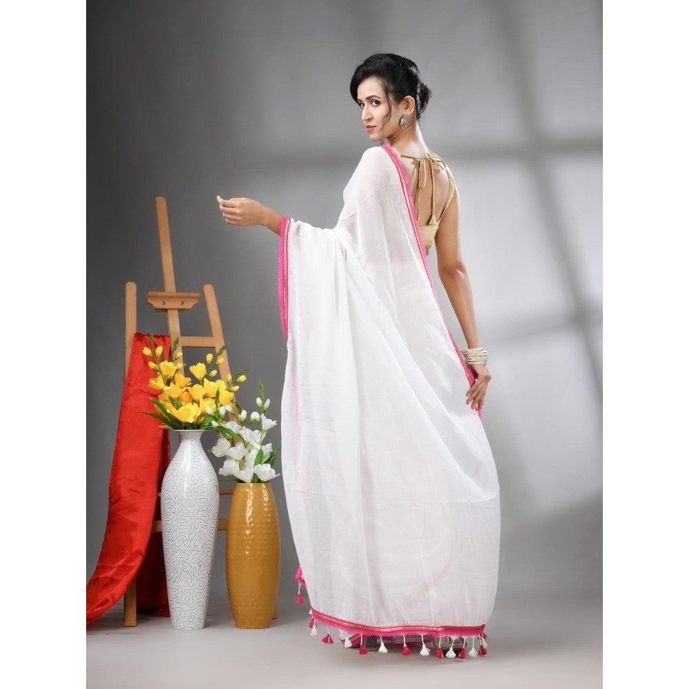 CHARUKRITI White Mul Cotton Gota Patti Border Saree Without Blouse