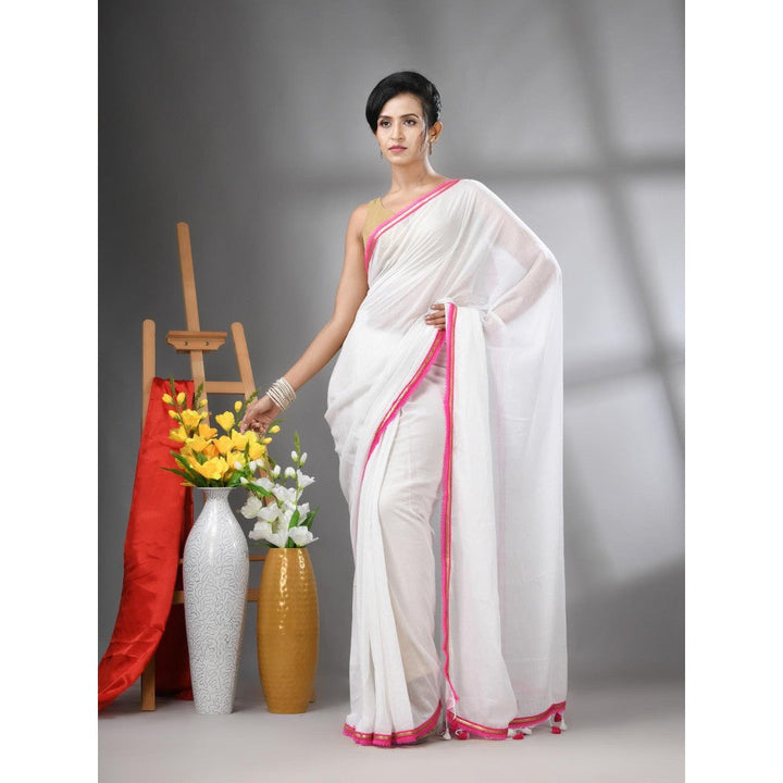 CHARUKRITI White Mul Cotton Gota Patti Border Saree Without Blouse