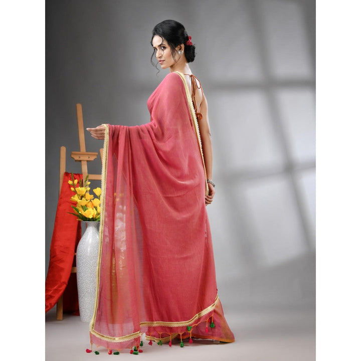 CHARUKRITI Salmon Rust Mul Cotton Gota Patti Border Saree Without Blouse