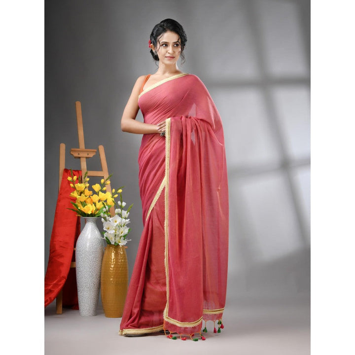 CHARUKRITI Salmon Rust Mul Cotton Gota Patti Border Saree Without Blouse