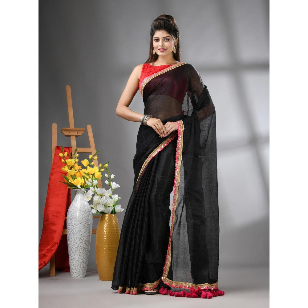 CHARUKRITI Black Shimmer Tissue Gota Patti Border Saree with Unstitched Blouse