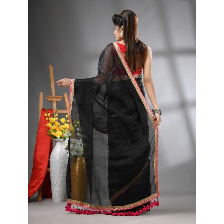 CHARUKRITI Black Shimmer Tissue Gota Patti Border Saree with Unstitched Blouse