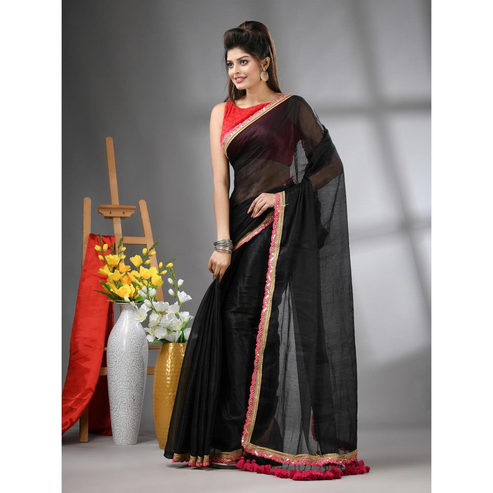 CHARUKRITI Black Shimmer Tissue Gota Patti Border Saree with Unstitched Blouse