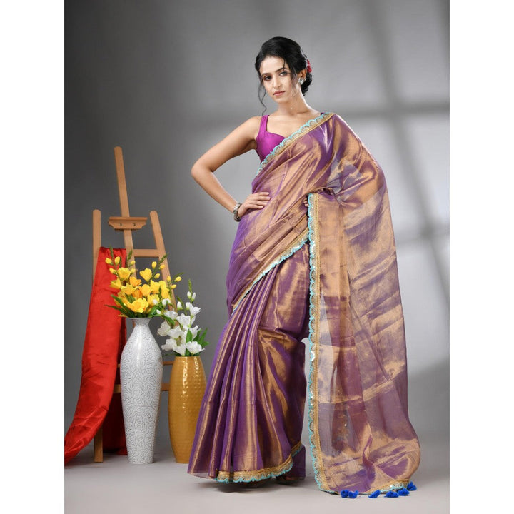 CHARUKRITI Copper Purple Shimmer Tissue Gota Patti Border Saree with Unstitched Blouse