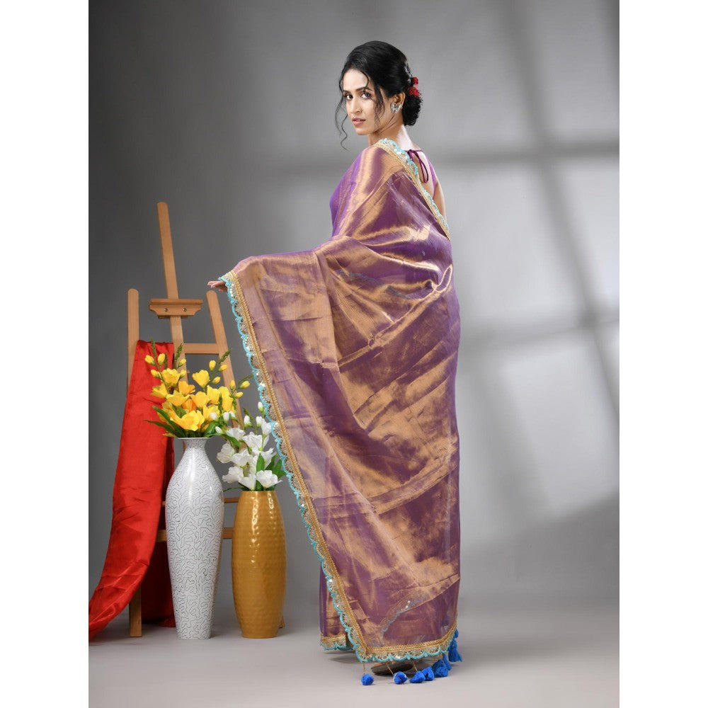 CHARUKRITI Copper Purple Shimmer Tissue Gota Patti Border Saree with Unstitched Blouse