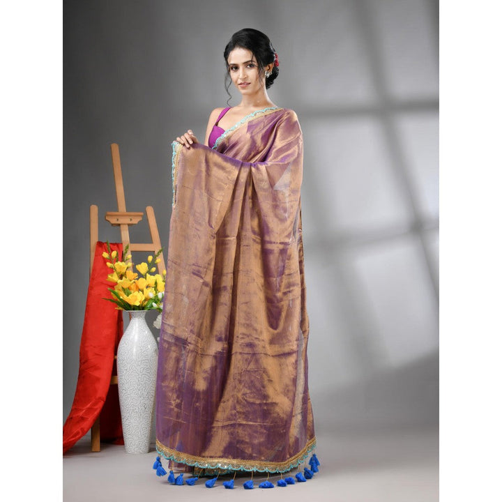 CHARUKRITI Copper Purple Shimmer Tissue Gota Patti Border Saree with Unstitched Blouse