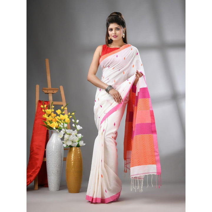 CHARUKRITI White Cotton Handwoven Texture Design Saree with Unstitched Blouse