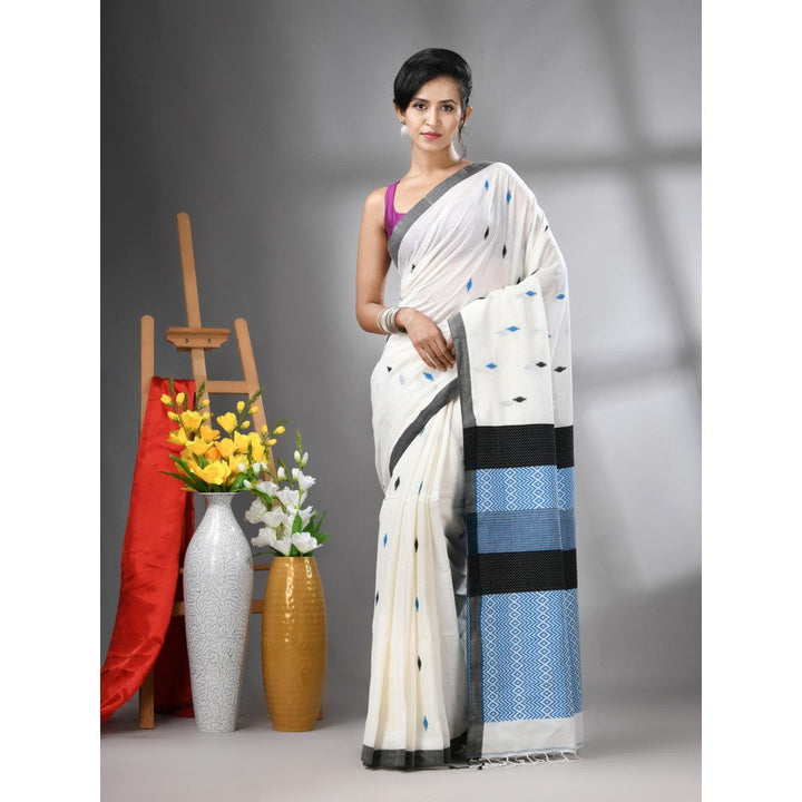 CHARUKRITI Off White Cotton Handwoven Texture Design Saree with Unstitched Blouse