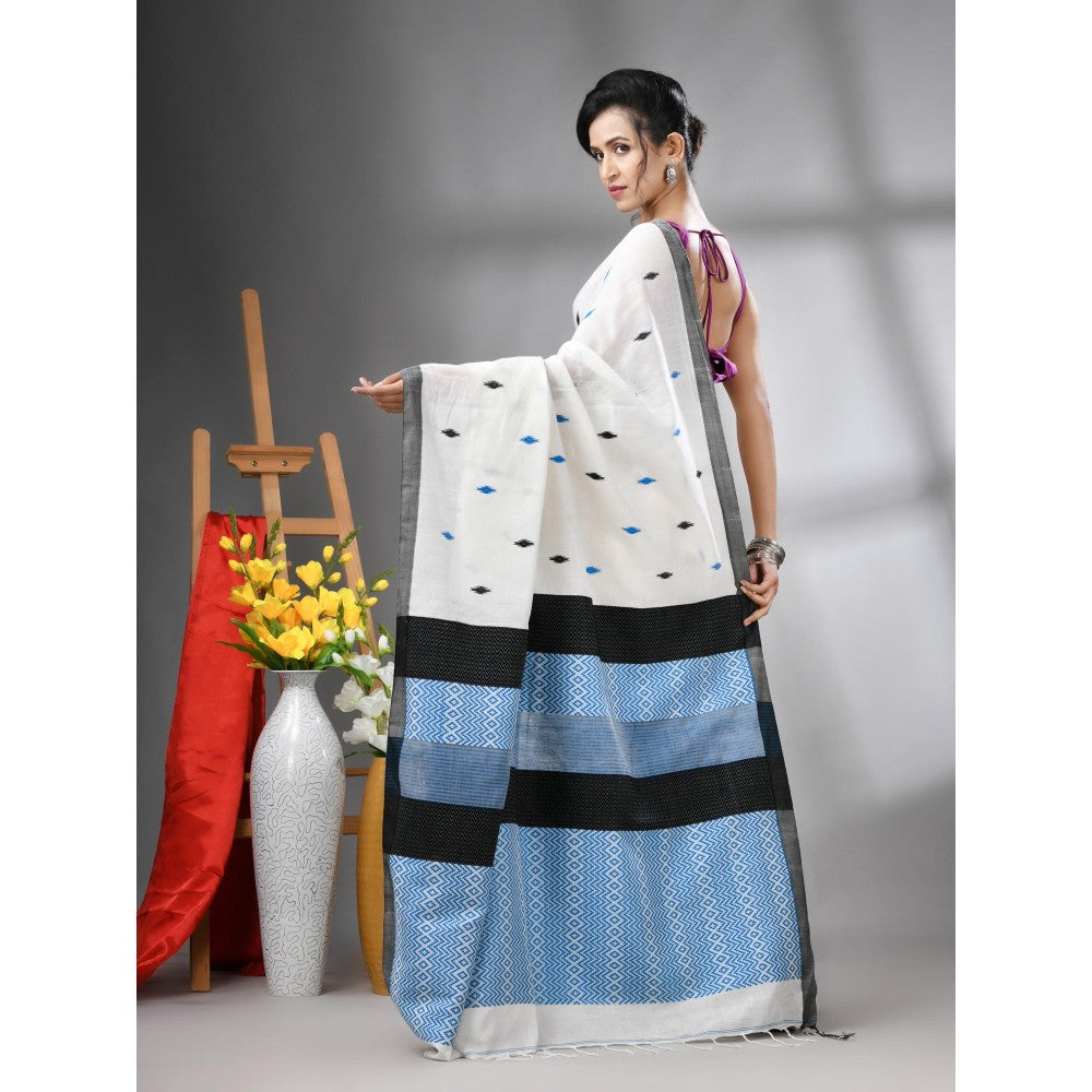 CHARUKRITI Off White Cotton Handwoven Texture Design Saree with Unstitched Blouse