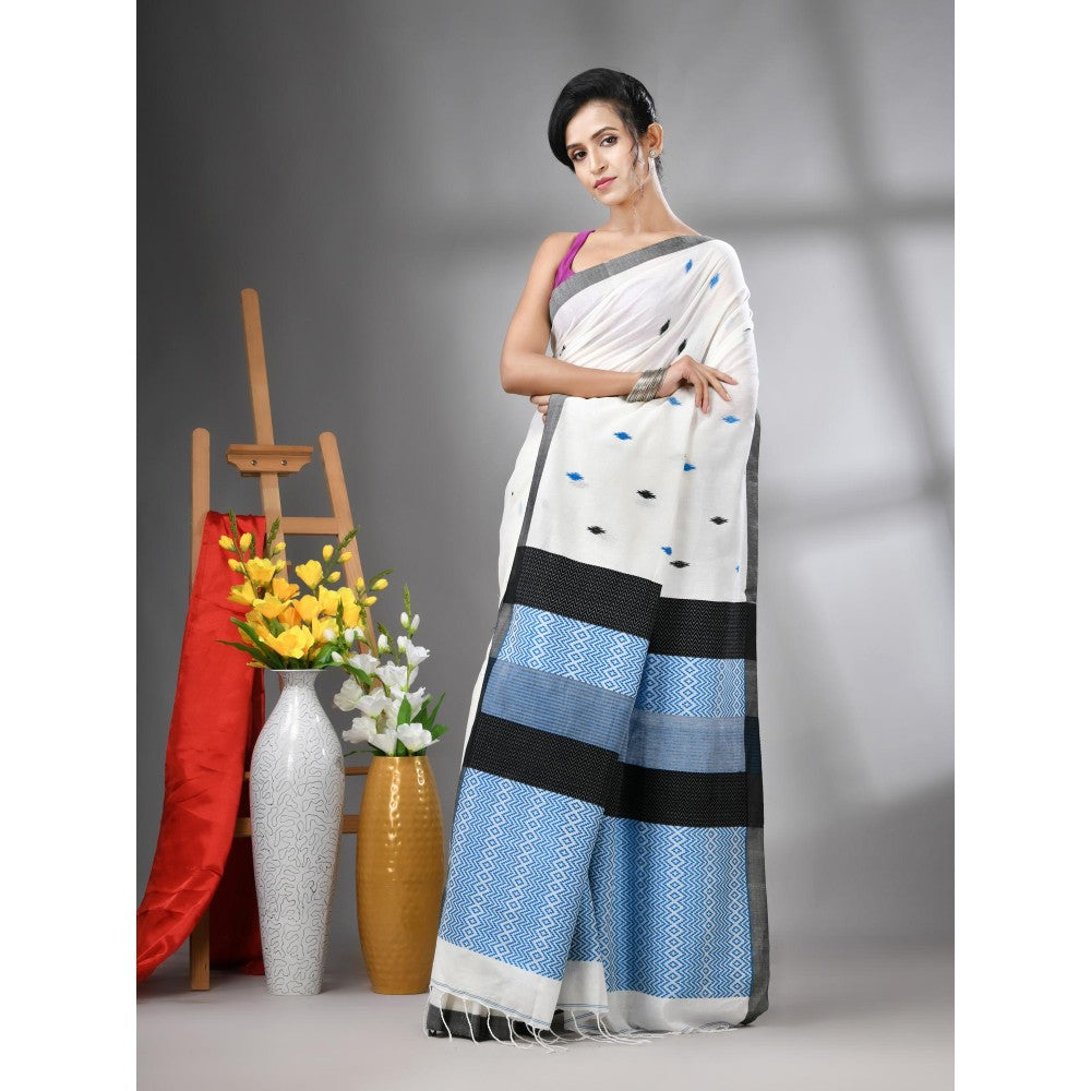 CHARUKRITI Off White Cotton Handwoven Texture Design Saree with Unstitched Blouse