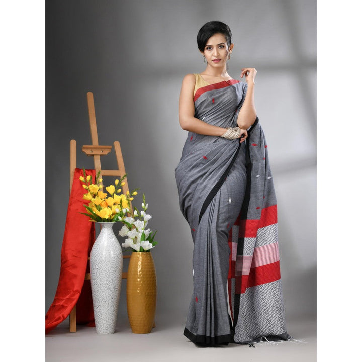 CHARUKRITI Grey Cotton Handwoven Texture Design Saree with Unstitched Blouse