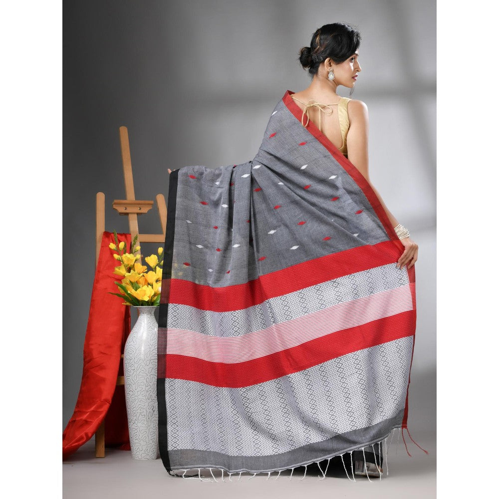 CHARUKRITI Grey Cotton Handwoven Texture Design Saree with Unstitched Blouse