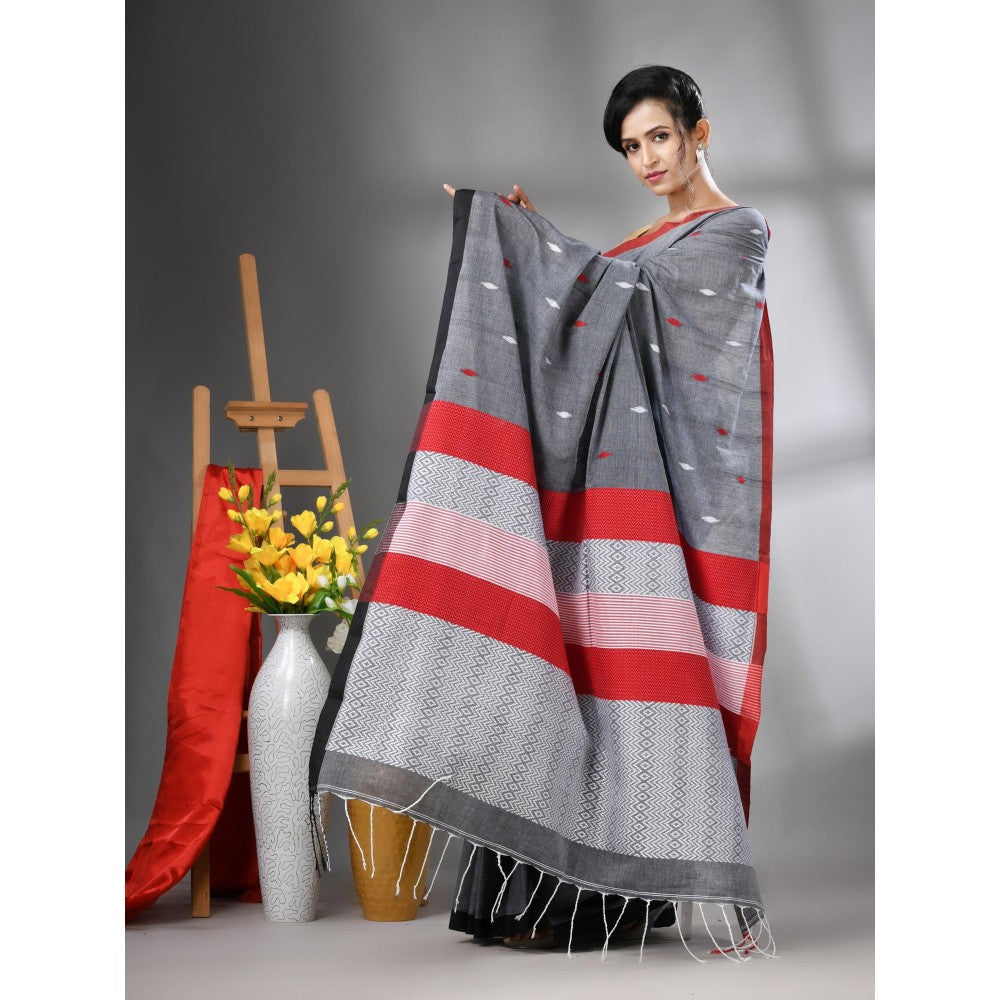 CHARUKRITI Grey Cotton Handwoven Texture Design Saree with Unstitched Blouse