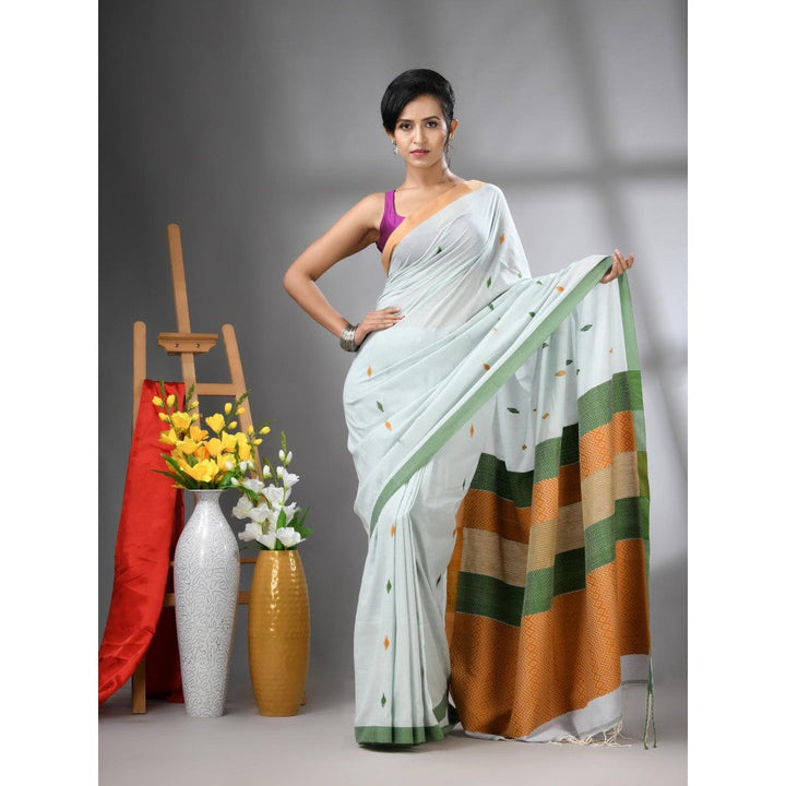 CHARUKRITI Sea Green Cotton Handwoven Texture Design Saree with Unstitched Blouse