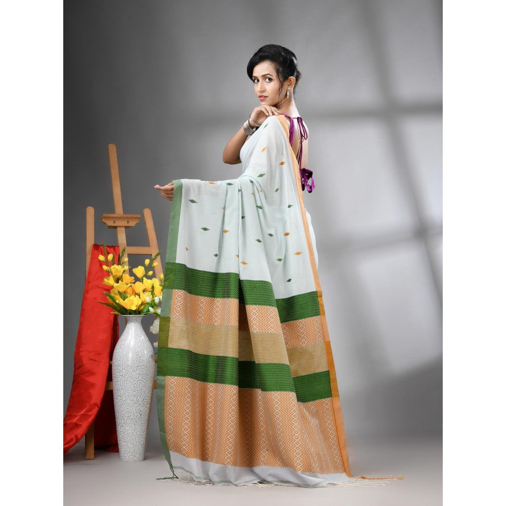 CHARUKRITI Sea Green Cotton Handwoven Texture Design Saree with Unstitched Blouse