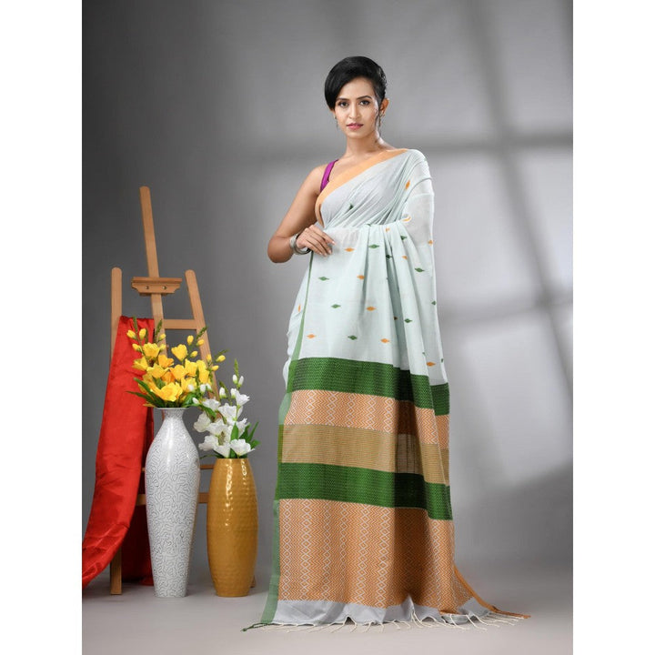 CHARUKRITI Sea Green Cotton Handwoven Texture Design Saree with Unstitched Blouse