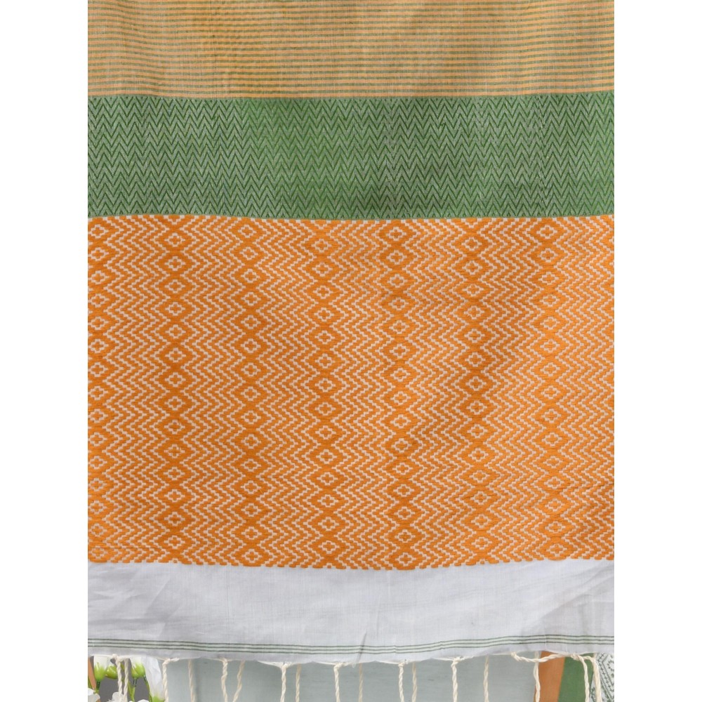 CHARUKRITI Sea Green Cotton Handwoven Texture Design Saree with Unstitched Blouse