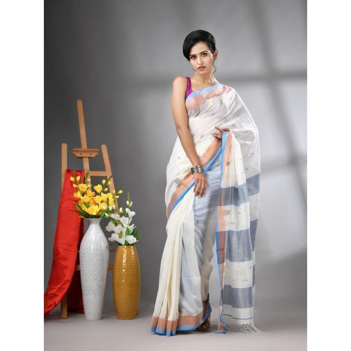 CHARUKRITI Off White Texture Motifs Cotton Zari Border Saree with Unstitched Blouse