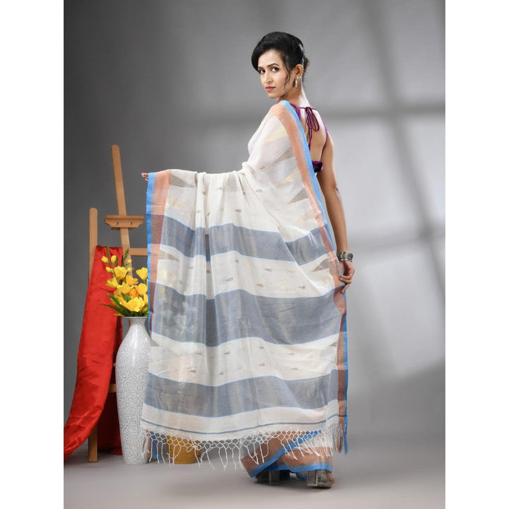 CHARUKRITI Off White Texture Motifs Cotton Zari Border Saree with Unstitched Blouse