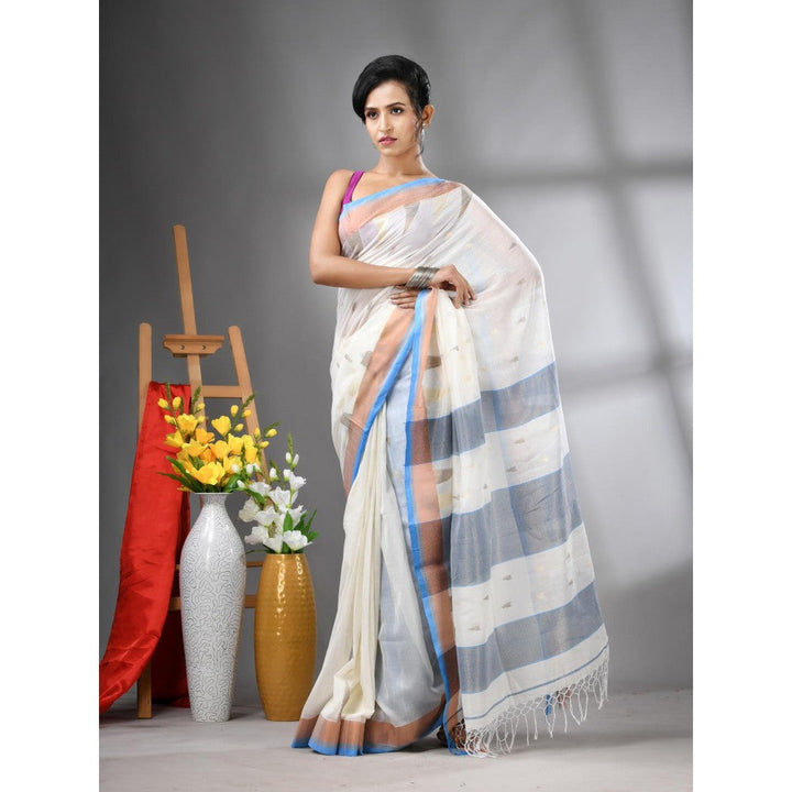 CHARUKRITI Off White Texture Motifs Cotton Zari Border Saree with Unstitched Blouse