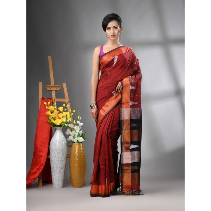 CHARUKRITI Dark Maroon Texture Motifs Cotton Zari Border Saree with Unstitched Blouse