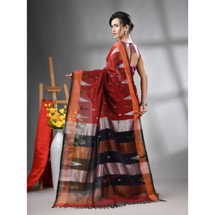 CHARUKRITI Dark Maroon Texture Motifs Cotton Zari Border Saree with Unstitched Blouse