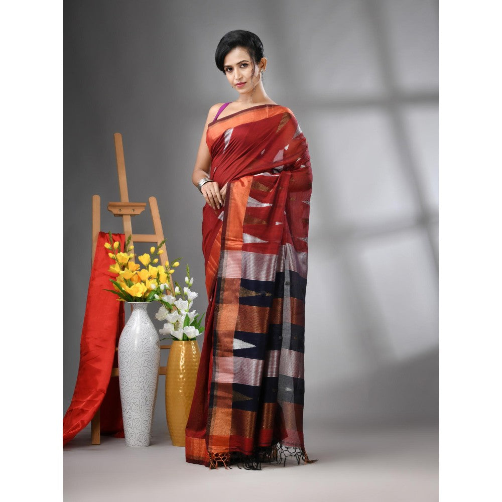 CHARUKRITI Dark Maroon Texture Motifs Cotton Zari Border Saree with Unstitched Blouse