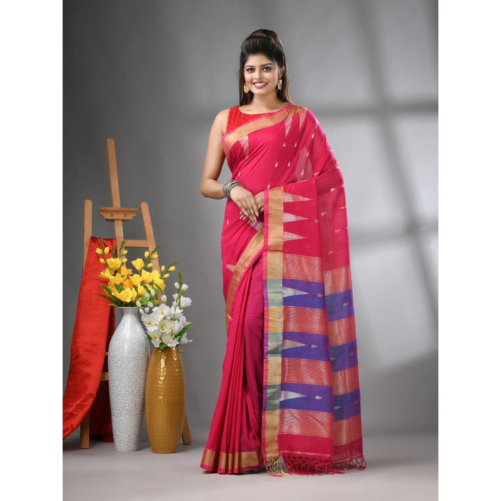 CHARUKRITI Pink Texture Motifs Cotton Zari Border Saree with Unstitched Blouse