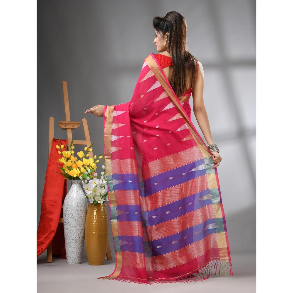 CHARUKRITI Pink Texture Motifs Cotton Zari Border Saree with Unstitched Blouse