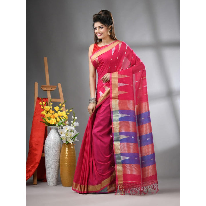 CHARUKRITI Pink Texture Motifs Cotton Zari Border Saree with Unstitched Blouse